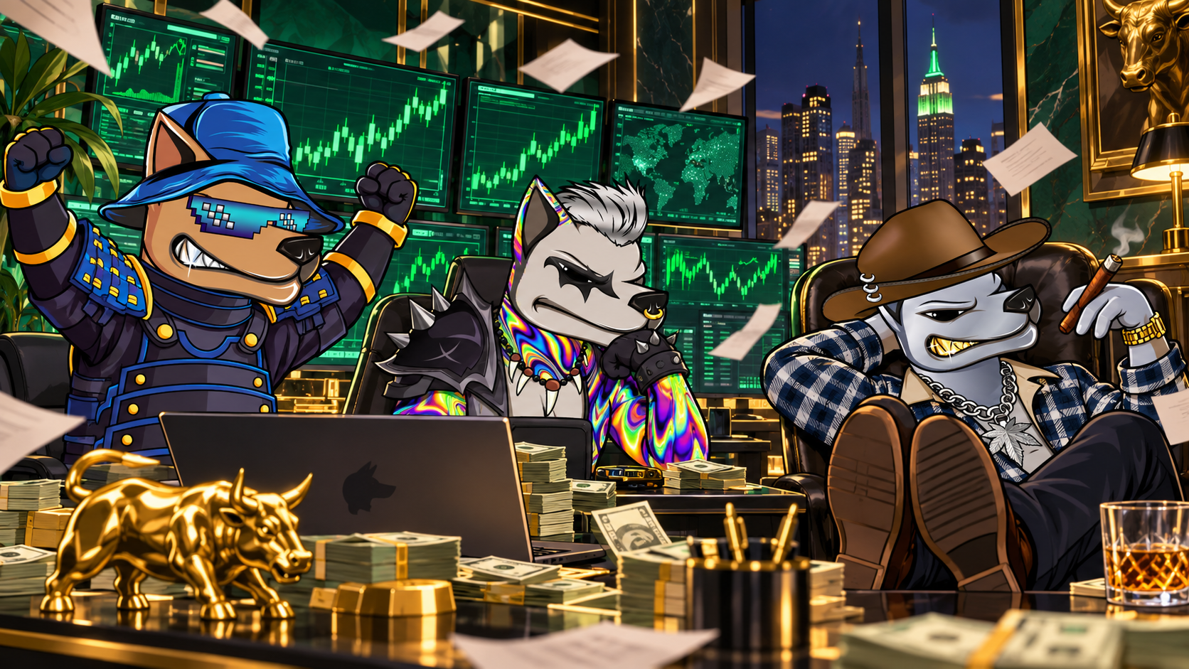 Three MAD DOGZ celebrating inside a Wall Street trading office