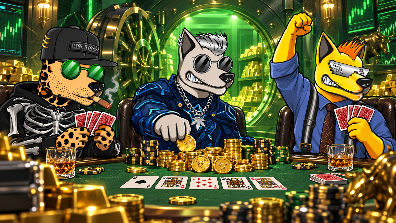 Three MAD DOGZ playing cards inside a gold-filled Wall Street vault