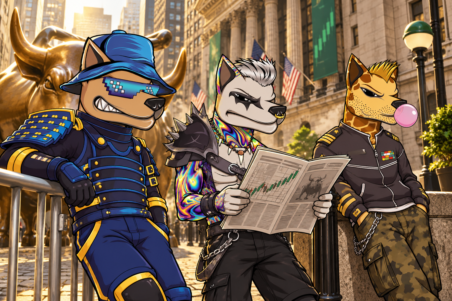 Three MAD DOGZ hanging out beside the golden bull on Wall Street