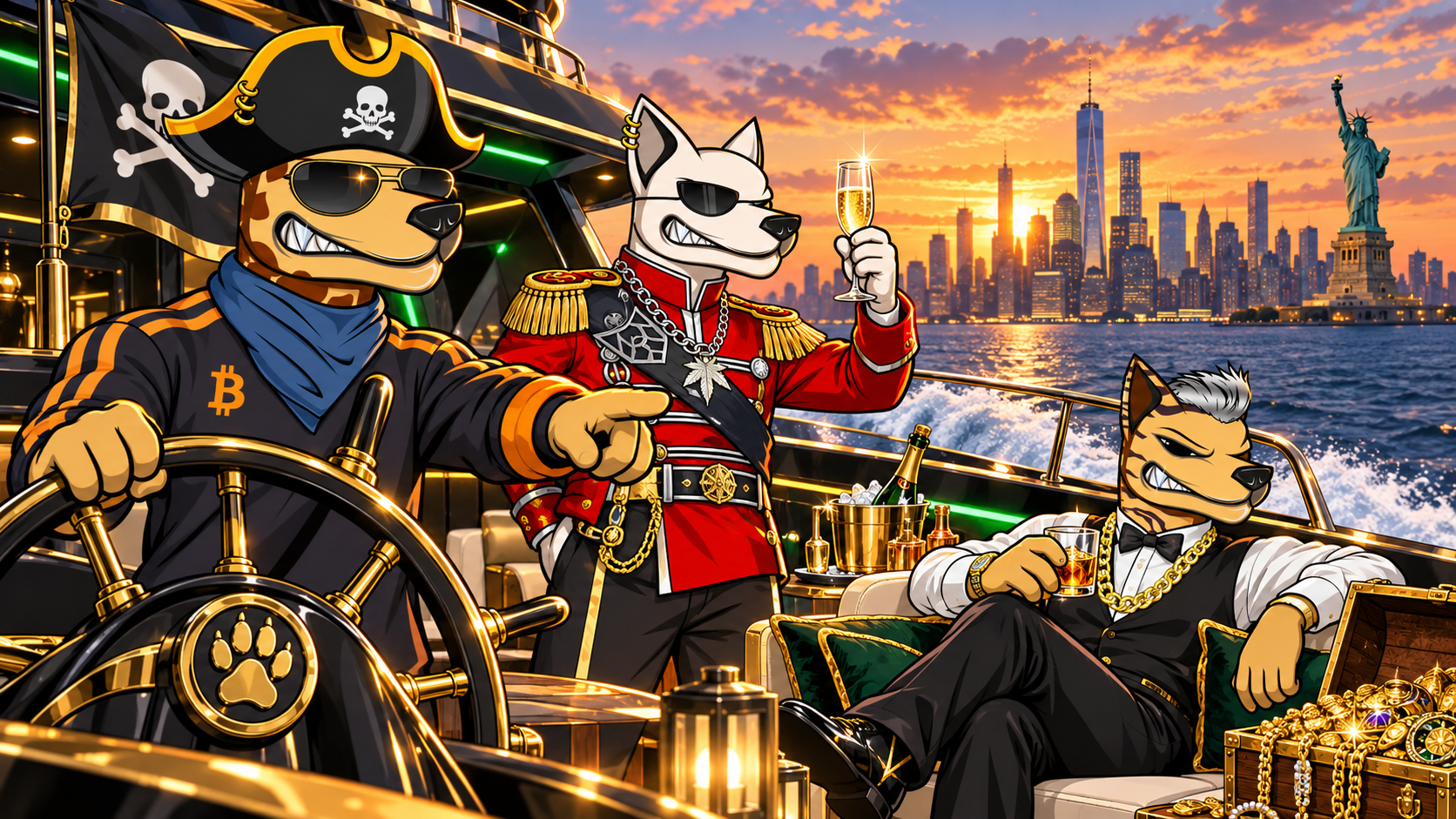 Pirate, royal guard and suited MAD DOGZ cruising beside Manhattan